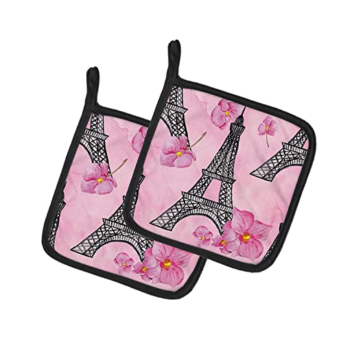 Caroline's Treasures BB7511PTHD Watercolor Pink Flowers and Eiffel Tower Pair of Pot Holders Kitchen Heat Resistant Pot Holders Sets Oven Hot Pads for Cooking Baking BBQ, 7 1/2 x 7 1/2
