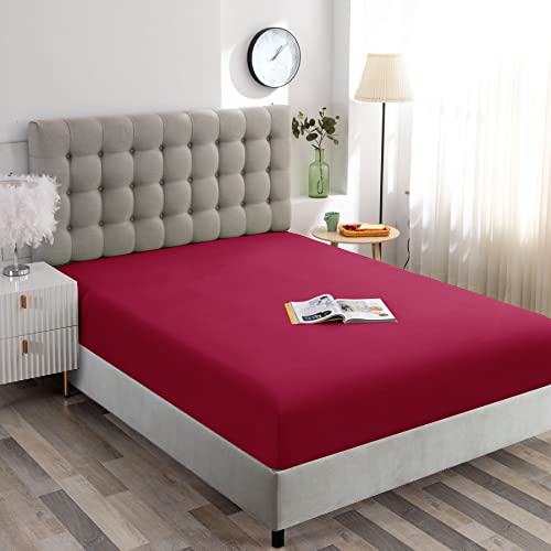 Image of Ghooss Full Size Fitted Sheet,Hotel Quality Bedding Fitted Sheet Deep Pocket up to 14 Inch,Wrinkle and Fade Resistant,1 Piece,Burgundy