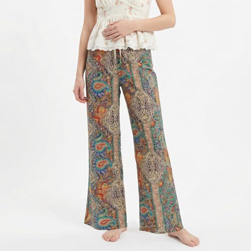 Image of Celary Women's Printed Palazzo Pants - Silk Blend High Waist Wide Leg Trousers | Elastic Waist Relaxed Fit Casual Flowy Pants for Travel, College, Office