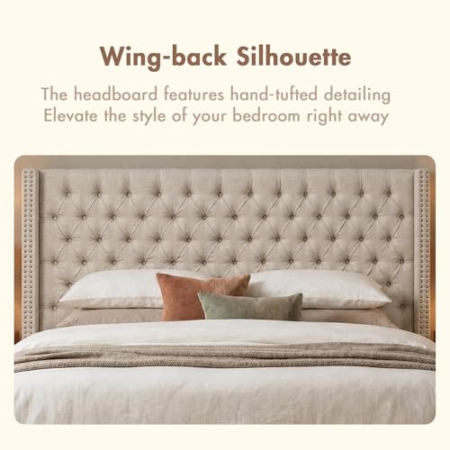 Image of Madison Park King Wingback Upholstered Tufted Headboard, Featuring High-Density Sponge Padding, Adjustable Height Headboard, Easy Assembly, Beige Woven