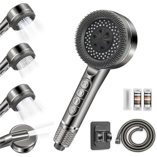 High Pressure Shower Heads, Hard Water Filter Shower Head with 1.5m Shower Hose and Shower Stand 4 Spray Modes Water Filter Showerhead with Water Filter (Grey)