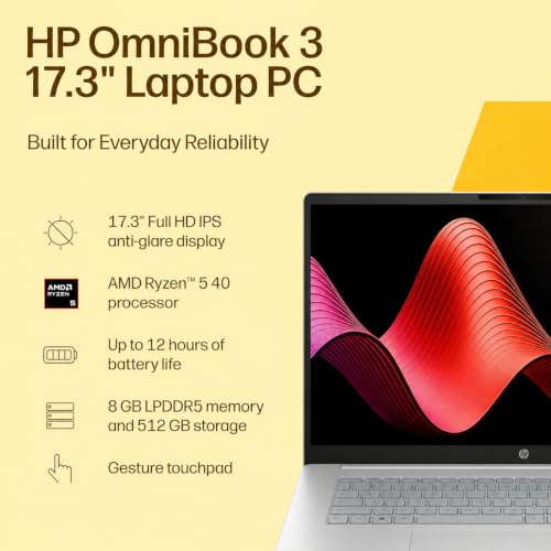 Image of HP OmniBook 3 17 inch FHD Laptop, AMD Ryzen 5, 8GB RAM 512GB SSD | AI Copilot, Wi-Fi 7, Bluetooth 6.0, 12H Long-Lasting Battery, Windows 11 Pro, Silver