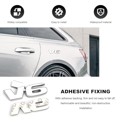 Image of 2 PCS V6 Metal Emblem, 3D V6 Nameplate Logo Badge Sticker Car Bumper Decal, Self-Adhesive Metal Emblem Sticker Exterior Decor for Vehicle Trunk Tailgate Side Fender (Silver)