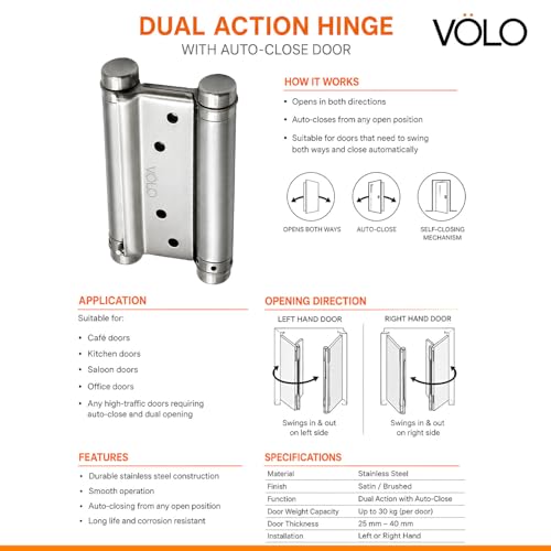 Image of Volo Double Action Hinge Saloon Door Hinges /Swinging Door Hinges Heavy Duty Self Closing with Screws (Pack of 2 Pcs.) (Stainless Steel 4 inch)