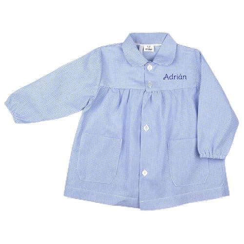 Mi Pipo - Babi Escolar Infantil Con Nombre Personalizado Azul | Baby Guarderia de Tejido Popelín y Botones | Bata Escolar Talla 1-2 Años | Diseño Funcional y Fácil de Lavar