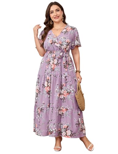 Image of ShopWonder Womens Plus Size V Neck Wrap Maxi Dress High Waist Ruffle Summer Casual Dress with Belt