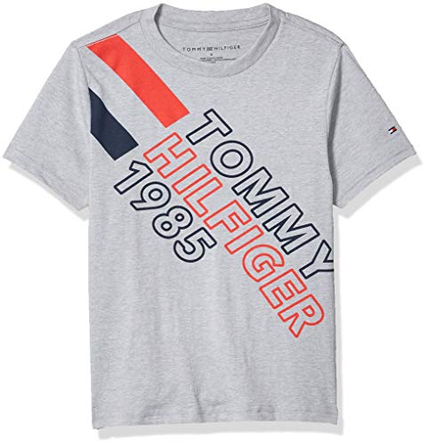 Tommy Hilfiger Boys' Short Sleeve Slanted Logo Crew Neck T-Shirt, Grey Heather, 5