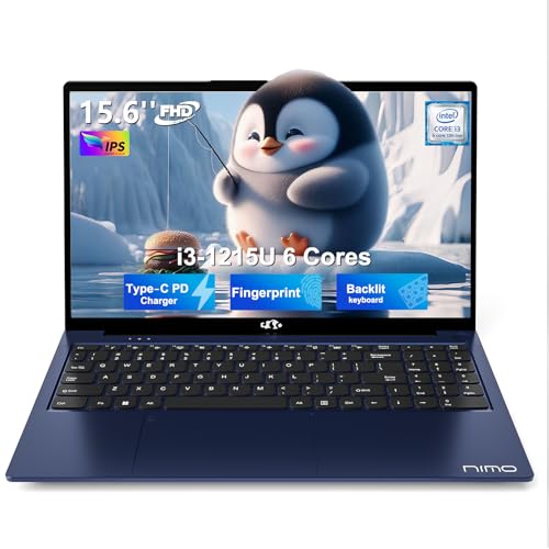 NIMO 15.6" FHD IPS Laptop, Core i3-1215U 6C/8T (Up to 4.4GHz, Beats i5-1135G7), 32GB RAM 1TB SSD, 180° View, Backlit KB, Fingerprint, 65W Fast Type-C, Thin & Light Student & Business Notebook