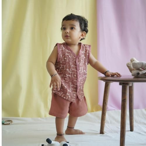 Image of The Boo Boo Club Muslin Jhabla and Short Set GOTS Certified Organic Cotton | Short Sleeve Snap Button Vest | Summer Wear Set | Printed Jhabla with shorts
