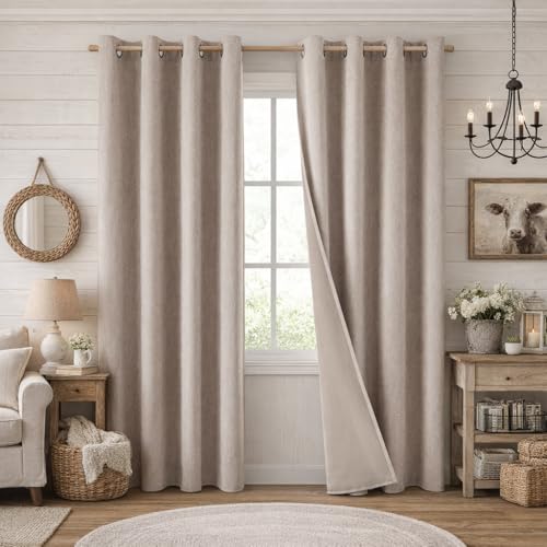 HOMEIDEAS Beige 100% Blackout Curtains 84 Inches Long，Linen Blend Textured