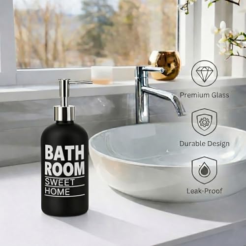 Image of Luxe Home International Bathroom Sweet Home Print Glass Soap Dispenser for Bathroom and Kitchen Sink Leak Proof Liquid Hand Wash Round Bottle Lightweight Smooth Finish (19.5x7.5 cm Black) Pack of 1