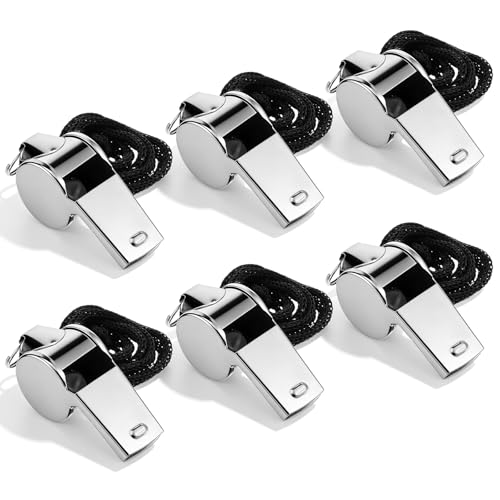 SULIKJHUI 6 Pcs Coach Whistle, Stainless Steel Whistles, Referee Whistles with Lanyard, Loud Crisp Sound for Basketball, Soccer, Coaching, Emergency, Teachers & Outdoor (6)