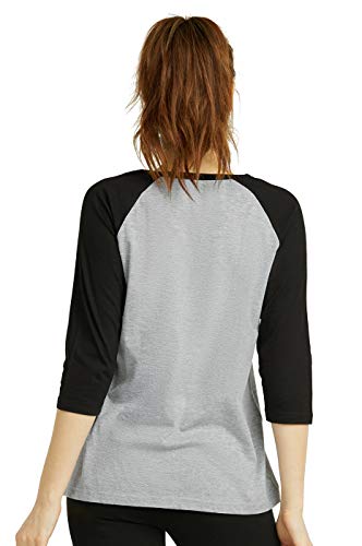 Cottonbell Women's Baseball Quarter Sleeve Tee Shirt (L, Light Heather/Black) #TOP3