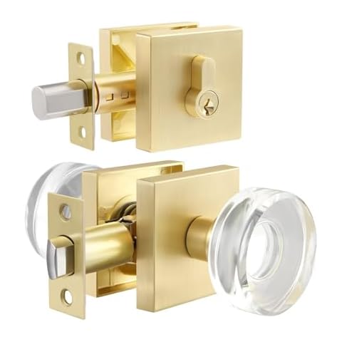 Leydebong 1 Pack Gold Door Locks with Deadbolt, Crystal Door knobs, Reversible for Right and Left Side Single Keyed Square Deadbolt Lock Set, Heavy Duty Door Locks, Satin Brass Finished Cover
