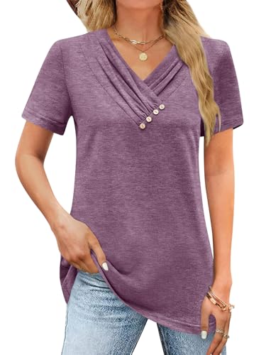 iudam Damen T-Shirt Kurzarm V Ausschnitt Oberteil Locker Basic Shirt Tops Sommer Knopf Casual Bluse,Lila,XXL