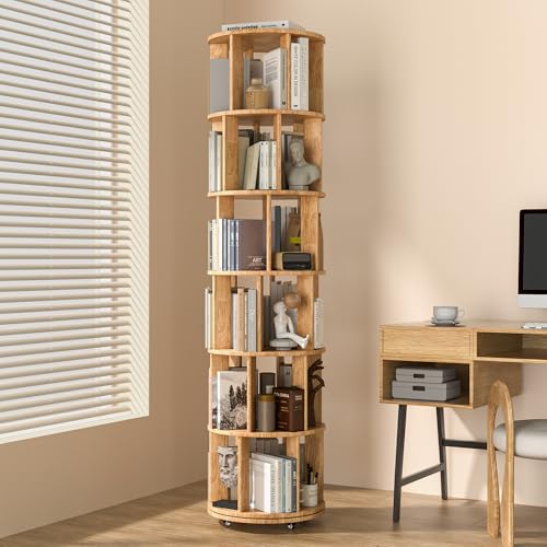 6-Tier Solid Wood Rotating Bookshelf on Wheels, 360° Spinning Book
