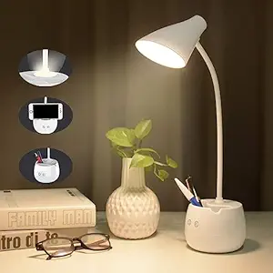 SaleOn Desk Lamp 3 Color Light Mode & Dual Led Light Touch LED Desk Lamp, Rechargeable Study Lamp with Stationary and Phone Holder with USB Charging, Dimmable Lamp with Eye Care, Flexible Gooseneck