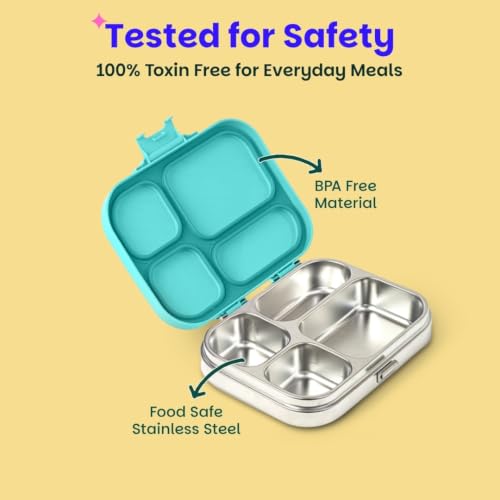 Image of Basil Bento Box Quad - 4 Compartment Stainless Steel Lunch Box with BPA-Free Plastic Lid | 800 ml Leak-Proof Tiffin Box for Kids & Adults | Premium School, Office, and Picnic Lunch Box - Teal Garden