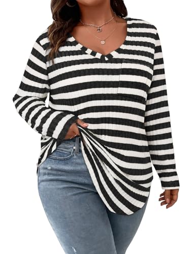 Image of Koscacy Women Plus Size Casual Knit Sweater with Pocket V Neck Solid Color Tops Lightweight Long Sleeve Blouses