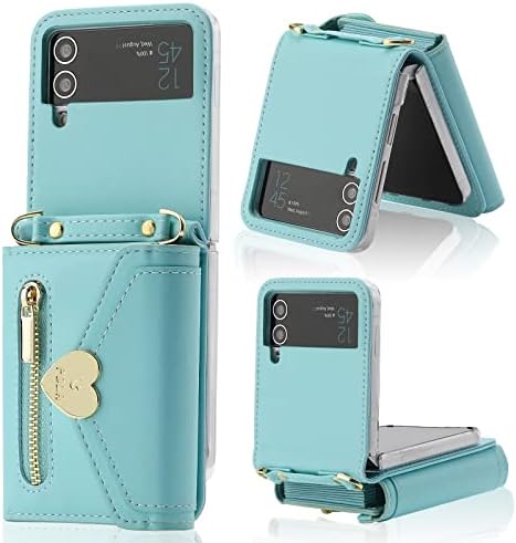 XIMAND for Samsung Galaxy Z Flip 3 Case with Love Flip Wallet, Large Capacity for 8 Card Slots, and Long Strap - a Mini, Fashionable Crossbody Bag for Young, Stylish Women Shopping(Z Flip 3,Blue)