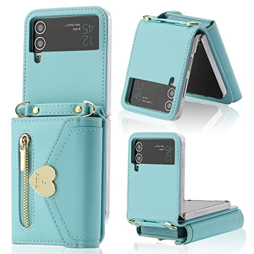 Ximand For Samsung Galaxy Z Flip 3 Case With Love Flip Wallet, Large Capacity For 8 Card Slots, And Long Strap - A Mini, Fashionable Crossbody Bag For Young, Stylish Women Shopping(Z Flip 3,Blue) #TOP3