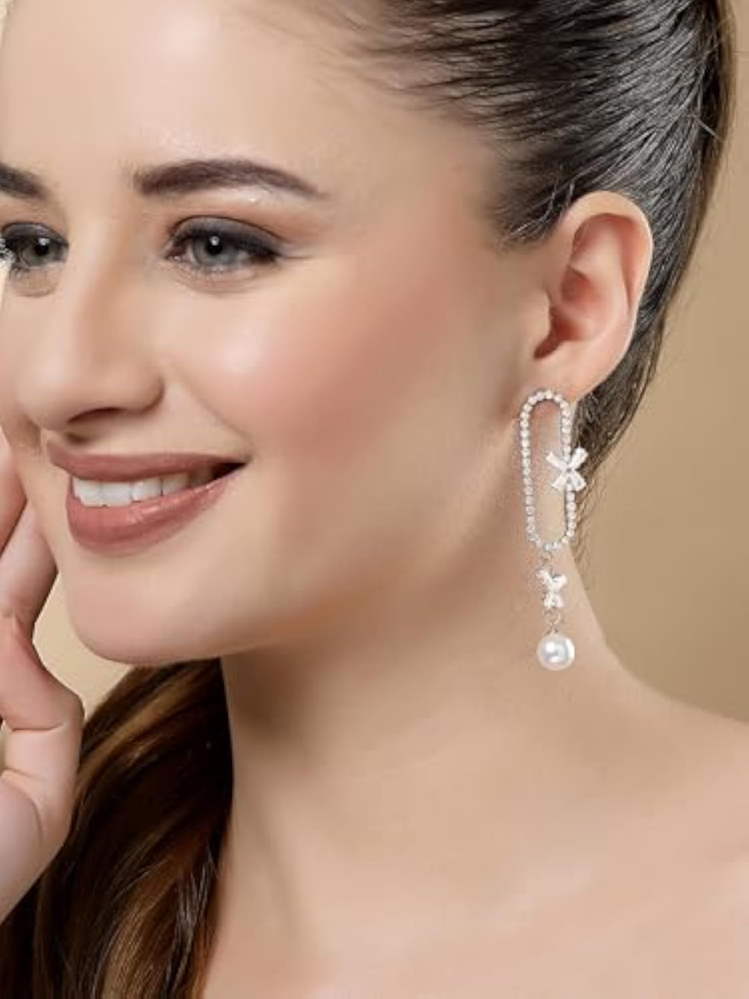 Pearl & American Diamond Drop Earrings, Elegant Design