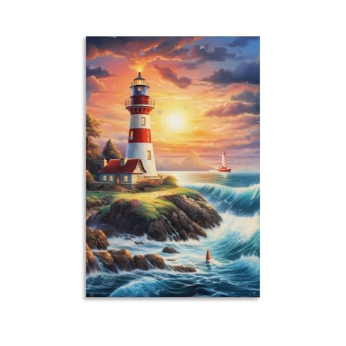 Pinturas murales de faro costero y poster impresiones lienzo grande
