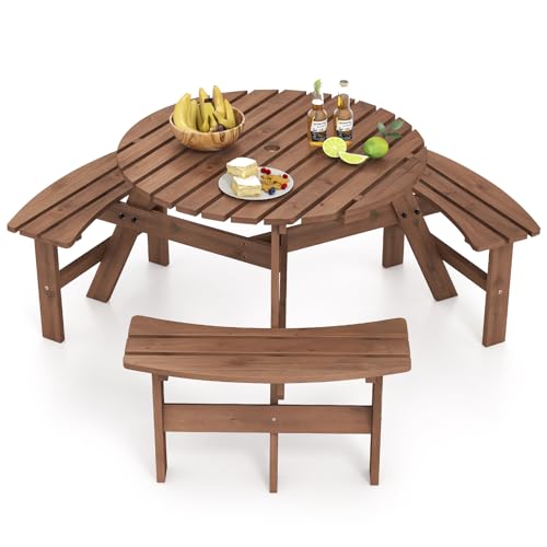 Image of Giantex 6-Person Round Picnic Table Set with 3 Benches, 550 LBS Bench Capacity, 2" Umbrella Hole, Circular Outdoor Wood Dining Table & Chairs for Patio Yard Garden Porch Deck (68”x62”x28”,Brown)