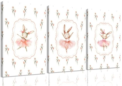 Image of 3Pcs Pink Ballet Bunny Nursery Wall Art Cute Rabbit Painting Picture Wall Decor Pink Dress Flower Poster Print Artwork for Girls Room Kids Room Baby Room Bedhome Home Decoration