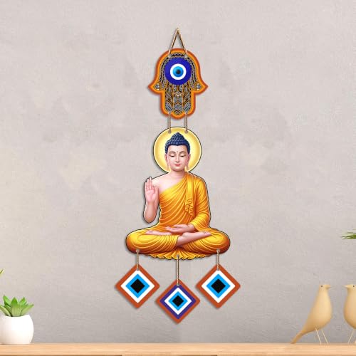 Image of Artvibes Buddha Wall Hanging with Evil Eye Charms | Spiritual Wooden Decor Symbolizing Peace | Growth and Positive Energy | Decorative Hanging for Living Room | Meditation Room | Art Gift (WH 85101N)