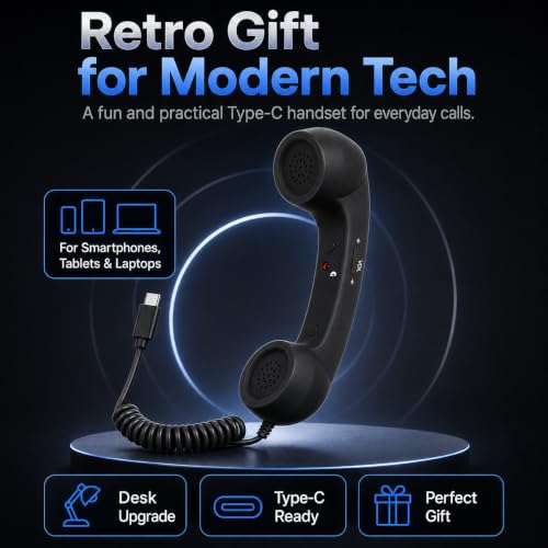 Image of Street27 Retro Phone Handset Compatible with Type-C Smartphones, Tablets & Computers, Corded Telephone Receiver with Noise Reduction, Volume Control & Answer Button for Calls and Meetings (Black)