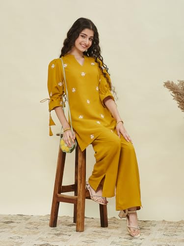 Image of Girls Floral Embroidered Kurta and Palazzo Pants Co-ord Set with V Neck Elegant Traditional Outfit for Festive and Functions