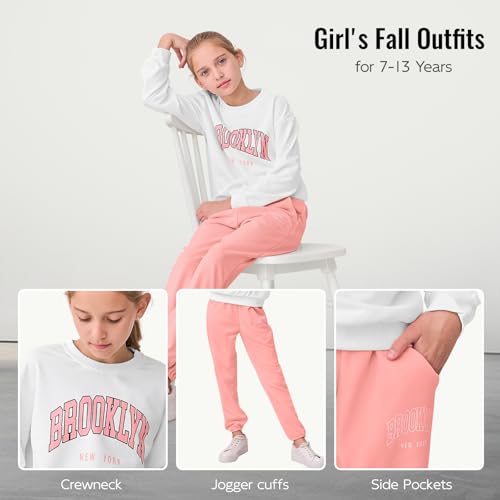 Image of DREAM BUS Girl Letter Print Clothes Drop Shoulder Sweatshirt and Pants with Pockets for Girls Tween Girl Fall Pants Set