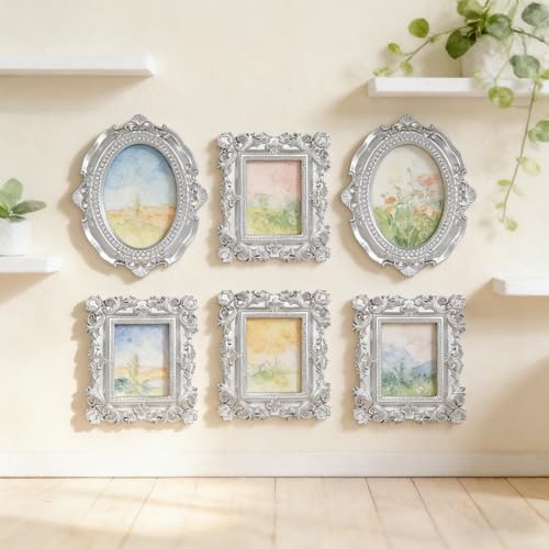 Image of 6 Pcs Mini Frames, Silver Small Vintage Picture Frames Antique Resin Photo Frame for DIY Craft Galley Wall Hanging Jewelry Display Shooting Photo Props Christmas Decor (Without Backings)