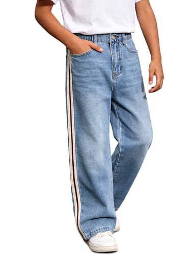 Haloumoning Boys Baggy Jeans Kids Wide Leg Elastic Waist Denim Pants Loose Fit Vintage Casual Trousers with Pockets, Light Blue, 13-14 Years