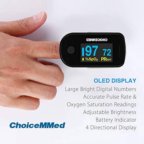 Choicemmed Black Dual Color Oled Finger Pulse Oximeter - Blood Oxygen Saturation Monitor With Color Oled Screen Display And Included Batteries - O2 Saturation Monitor #TOP2