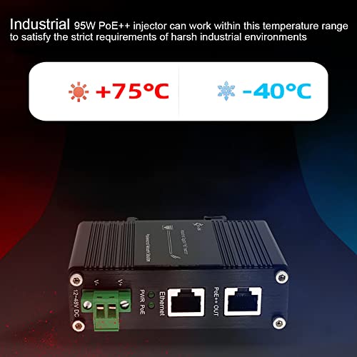 Image of PoE Injector - SaiLteL 95W Industrial Gigabit PoE++ Injector, IEEE 802.3at /802.3af Compliant, ,POE Adapter with 12-48V DC Input,Hardened High Power PoE Injector IP40, DIN Rail, Wall Mount