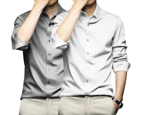 Image of DEELMO Combo of Men's Stylish Solid Satin Casual Shirt for Men Full Sleeves| Poly Satin Silk Shirt Pack of 2