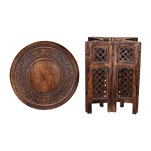 Descent Art Designs Hand Carved Farmhouse Rustic Vintage Solid Wood Accent Table, Decorative Small Wooden Coffee Side Entryway Bedside Octagonal Wooden End Table - 18 Inch Round - Burnt #TOP4