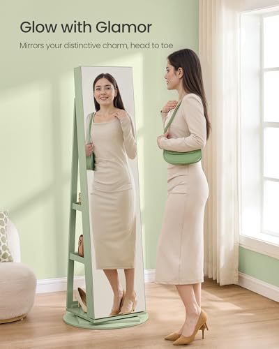Image of SONGMICS 6 LEDs Mirror Jewelry Cabinet Organizer, 360 Swivel, Lockable | Frameless Full-Length Mirror with Storage, Jewelry Armoire, 3 Storage Shelves, Laurel Green Surface UJJC007C01