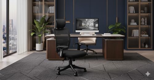 Image of Ergonomic Office Chair, Black, High Back Executive Mesh, Adjustable Height with Headrest, Rolling Wheels, for Home Office