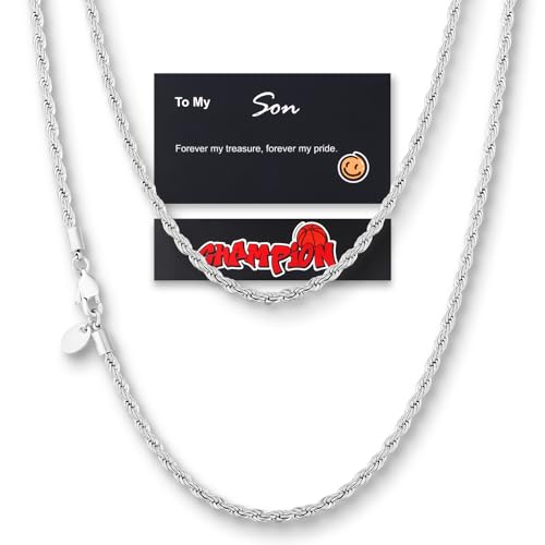 KRKC&CO Rope Chain Necklace for Men Packaging with Gift Box & Card on Birthday from Mom Dad 18K / White Gold Plated Chains Hypoallergenic 316L Stainless Steel Durable Men Jewelry 3mm 16-26in
