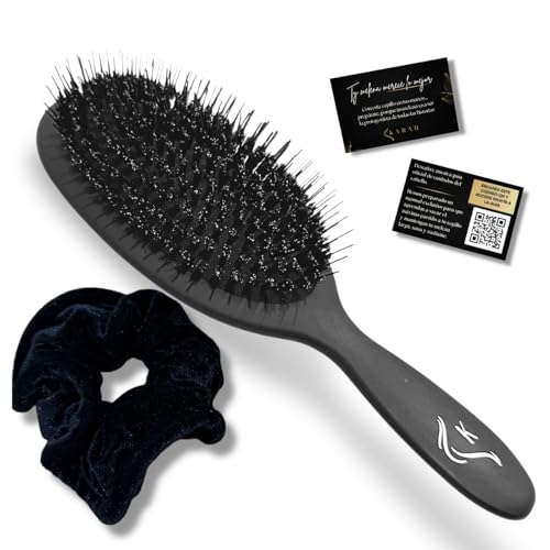Cepillo de cerdas naturales de jabalí y nylon profesional, desenredante anti frizz para extensiones y cabello largo + goma de pelo de terciopelo anti-rotura + tarjeta de cuidados