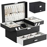 Dajasan Jewelry Organizer Box, Large Jewelry Boxes for Women Girls, Space-Saving 3 Layers Jewelry Storage Case with Drawer, Movable Metal Stand, Modern, Gift Idea (Black)