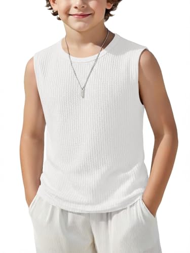 Haloumoning Boys Tank Tops Kids Waffle Knit Sleeveless T-Shirts Crewneck Undershirts 5-14 Years White