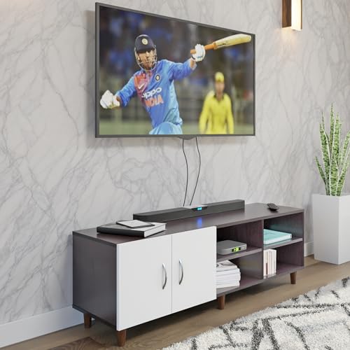 Image of VIKI Modern TV Unit for Living Room | Engineered Wood TV Cabinet with 2 Door Storage & 2 Open Shelves, Entertainment Unit, 140W x 48H x 40D cm | DIY | 1 Year Warranty (Wenge & White)