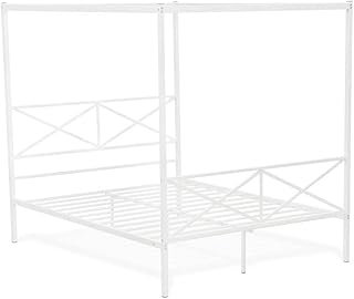 East West Furniture - GEQCWHI - Glendale Queen Size Bed Frame with Modern Designed Headboard and Footboard - Canopy Metal Frame in Powder Coating Linen White - Buy now