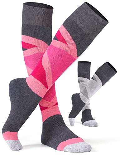 Cs Celersport 2 Pack Women's Ski Socks With Full Cushion, Wool Winter Warm Socks For Skiing Snowboarding, Grey + Rose, Medium #TOP23