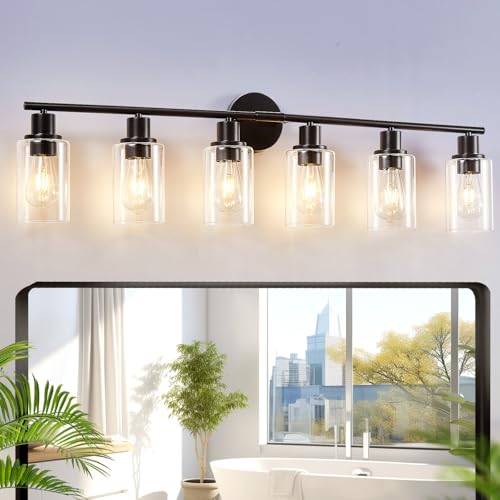 Image of DLLT 6-Light Bathroom Light Fixtures: Black Modern Vanity Lights with E26 Bulbs - Clear Glass Shade Bathroom Wall Lamp for Mirror Kitchen Living Room Hallway Cabinet Porch