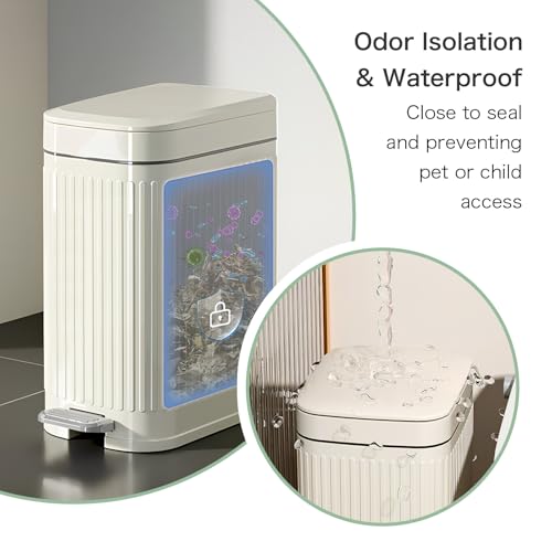 Image of Small Bathroom Trash Can with Lid, Press-Top Lid & Foot Pedal 2-in-1 Garbage Can, 2.6 Gal Plastic Wastebasket Soft Close, Dog proof, Slim Step-On Trash Bin for Kitchen, Office, Bedroom, Dorm-White-10L